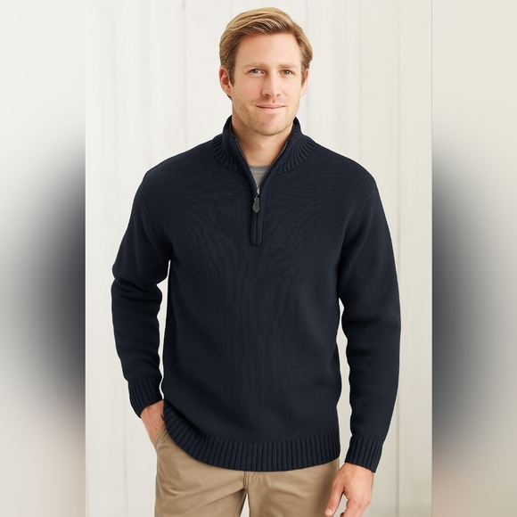 L.L. BEAN Quarter Zip Sweater Men Medium Navy Blue Classic Preppy Casual Hiking - Picture 1 of 6